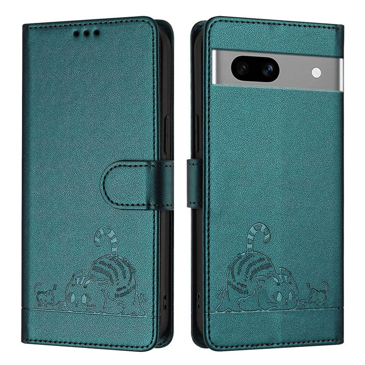 YB Imprinting Series-9 for Google Pixel 7a Case RFID Blocking Leather Phone Cover with Wallet - Dark Green