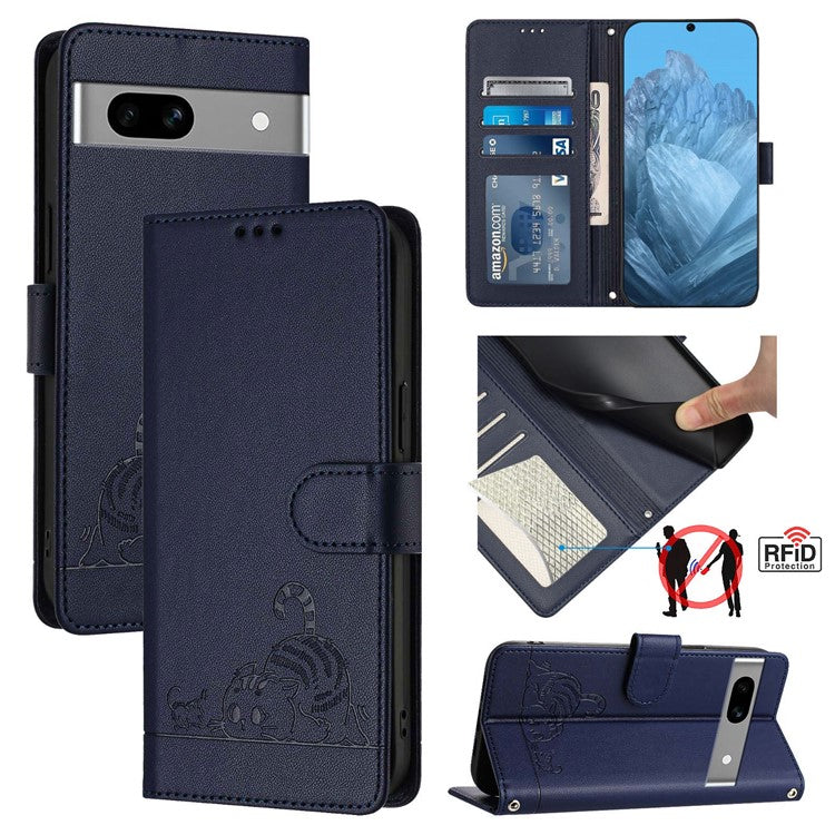 YB Imprinting Series-9 for Google Pixel 7a Case RFID Blocking Leather Phone Cover with Wallet - Sapphire