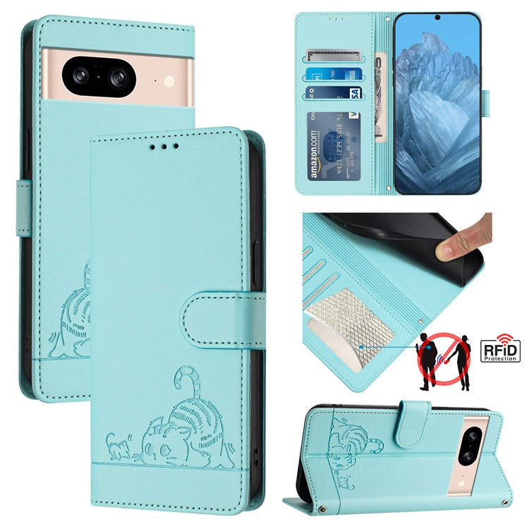 YB Imprinting Series-9 for Google Pixel 8 Case Cat Mouse Pattern Leather Wallet Stand Phone Cover - Mint Green