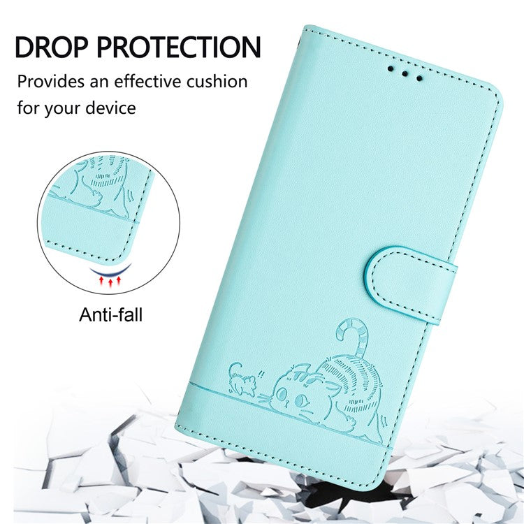 YB Imprinting Series-9 for Google Pixel 8 Case Cat Mouse Pattern Leather Wallet Stand Phone Cover - Mint Green