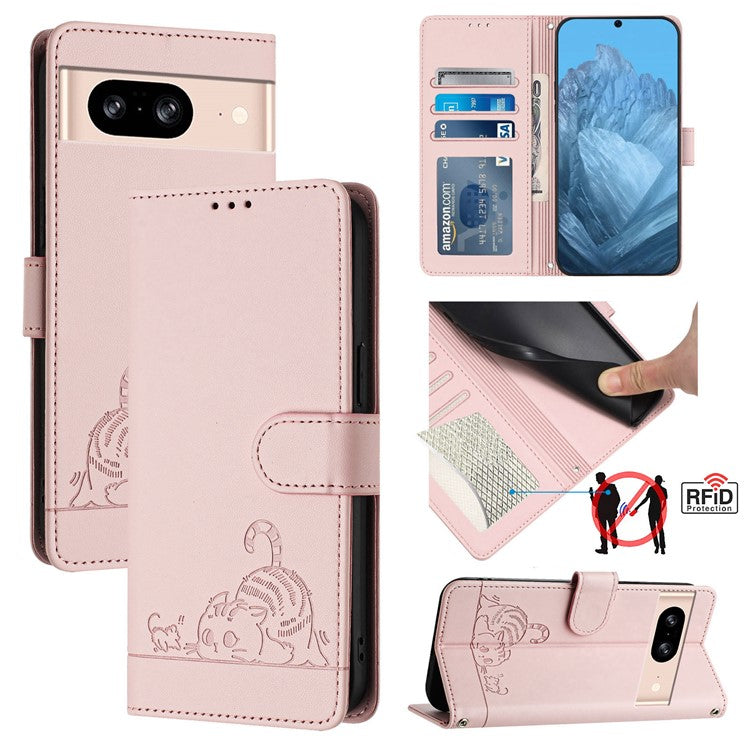 YB Imprinting Series-9 for Google Pixel 8 Case Cat Mouse Pattern Leather Wallet Stand Phone Cover - Pink