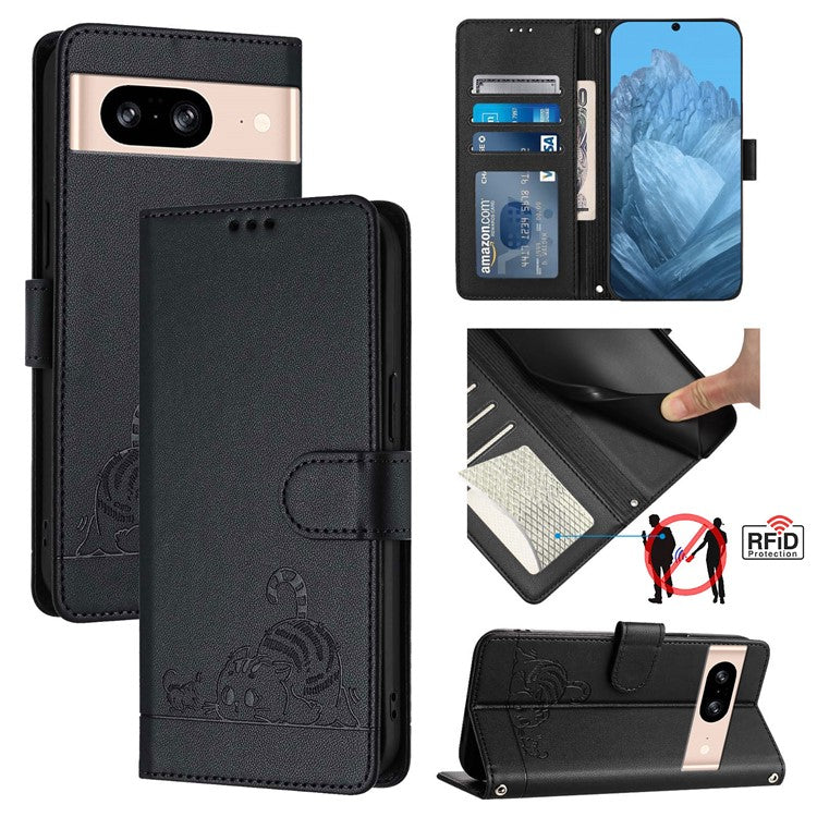 YB Imprinting Series-9 for Google Pixel 8 Case Cat Mouse Pattern Leather Wallet Stand Phone Cover - Black