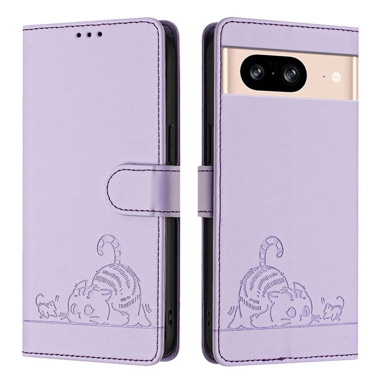 YB Imprinting Series-9 for Google Pixel 8 Case Cat Mouse Pattern Leather Wallet Stand Phone Cover - Purple