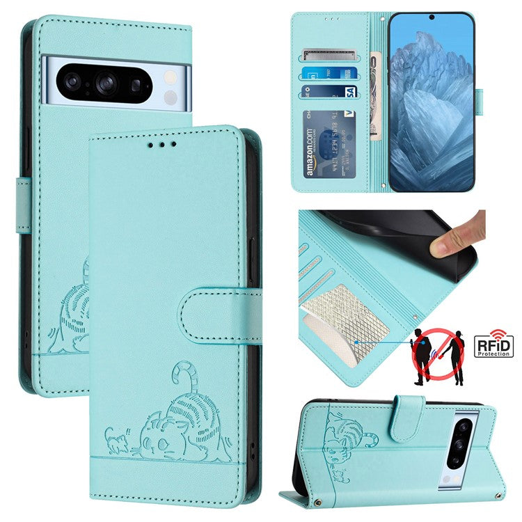 YB Imprinting Series-9 for Google Pixel 8 Pro Case Leather Folio Phone Cover Cat Mouse Pattern - Mint Green