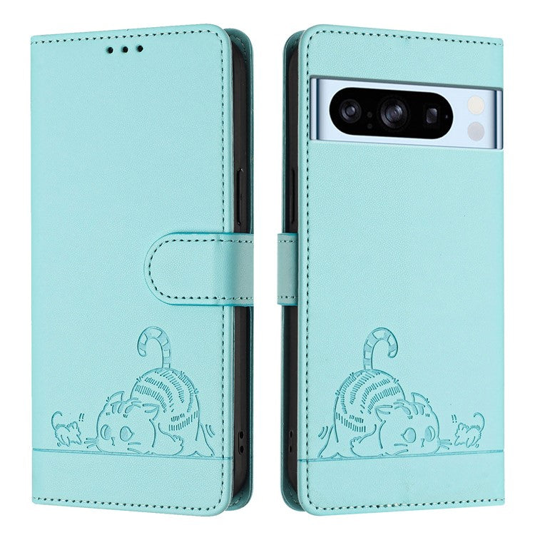 YB Imprinting Series-9 for Google Pixel 8 Pro Case Leather Folio Phone Cover Cat Mouse Pattern - Mint Green