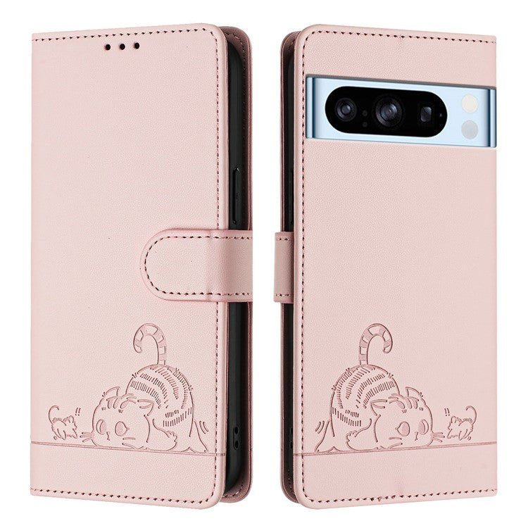 YB Imprinting Series-9 for Google Pixel 8 Pro Case Leather Folio Phone Cover Cat Mouse Pattern - Pink