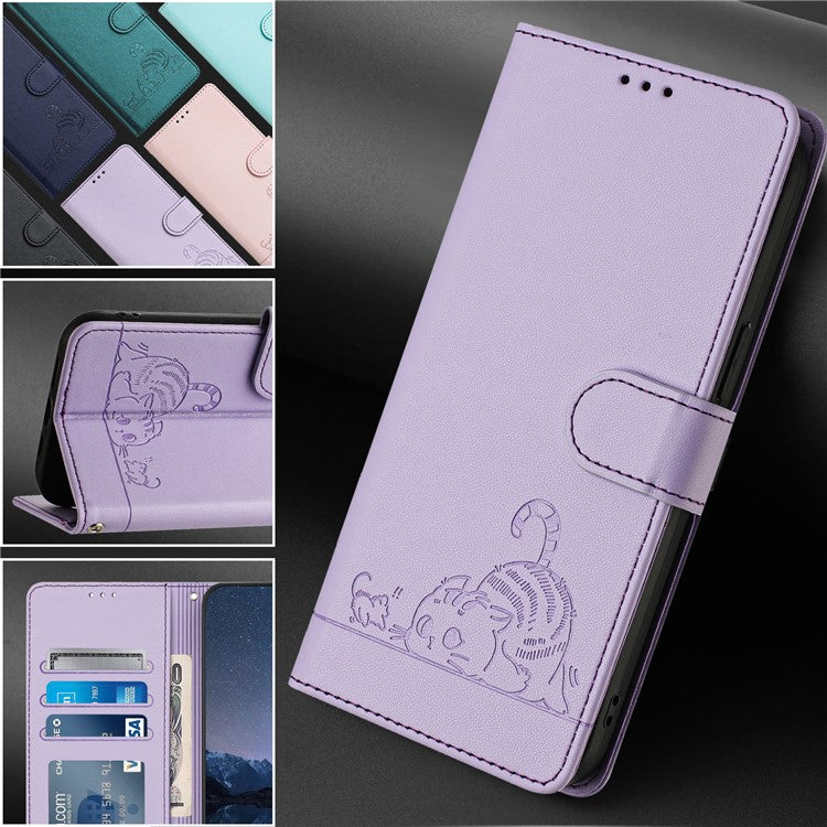 YB Imprinting Series-9 for Google Pixel 8 Pro Case Leather Folio Phone Cover Cat Mouse Pattern - Purple