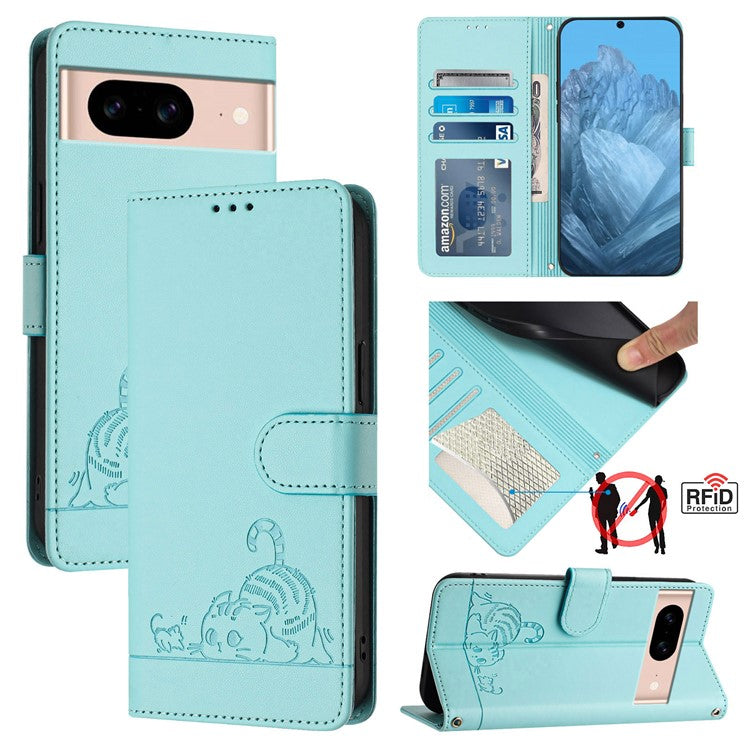 YB Imprinting Series-9 for Google Pixel 8a Case Flip Wallet Leather Phone Cover RFID Blocking - Mint Green