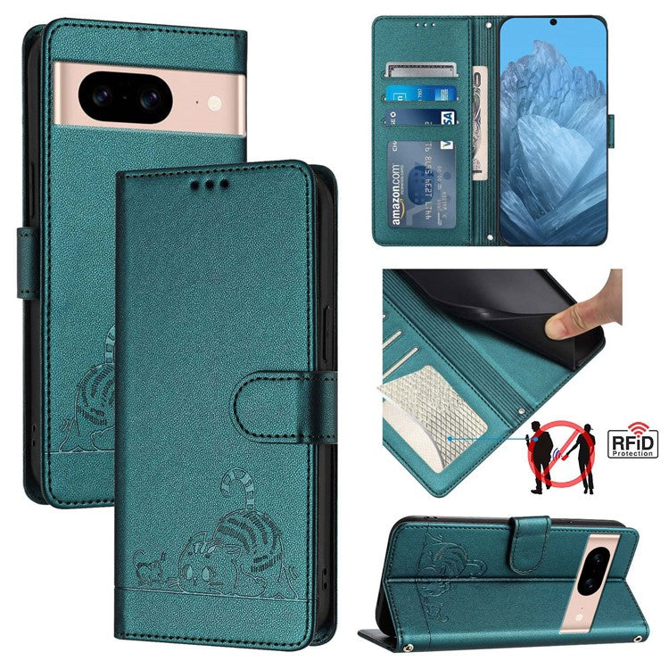 YB Imprinting Series-9 for Google Pixel 8a Case Flip Wallet Leather Phone Cover RFID Blocking - Dark Green