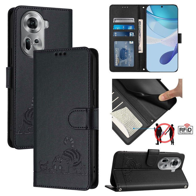 YB Imprinting Series-9 for Oppo Reno11 5G (Global) Case Leather Phone Cover Magnetic Clasp Protect - Black