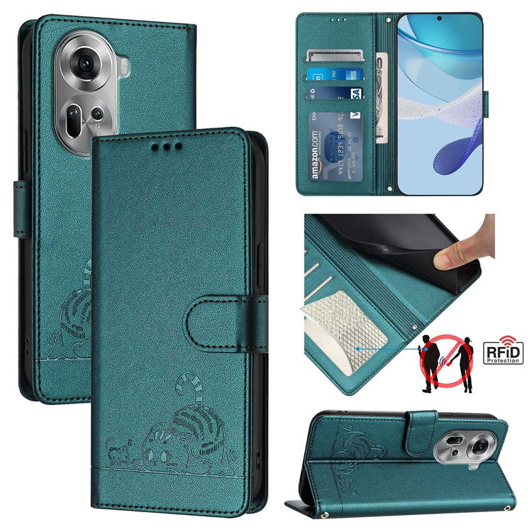 YB Imprinting Series-9 for Oppo Reno11 5G (Global) Case Leather Phone Cover Magnetic Clasp Protect - Dark Green