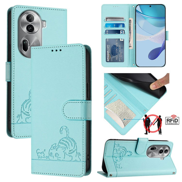 YB Imprinting Series-9 for Oppo Reno11 Pro 5G (Global) Case Leather Phone Cover Cat Mouse Pattern - Mint Green