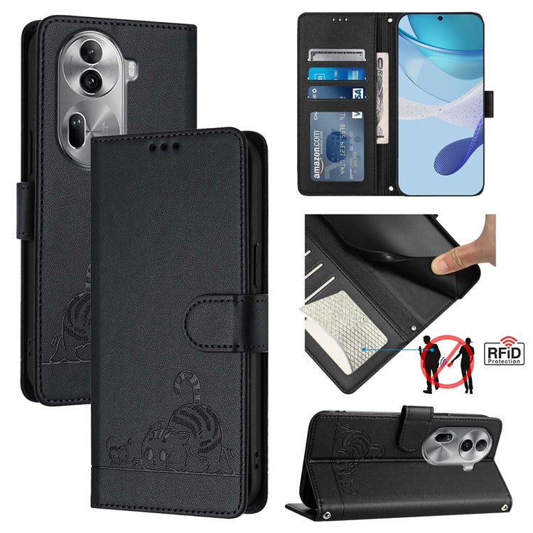 YB Imprinting Series-9 for Oppo Reno11 Pro 5G (Global) Case Leather Phone Cover Cat Mouse Pattern - Black