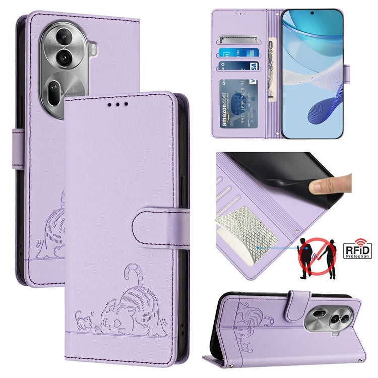 YB Imprinting Series-9 for Oppo Reno11 Pro 5G (Global) Case Leather Phone Cover Cat Mouse Pattern - Purple