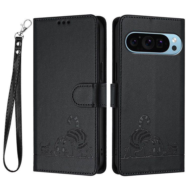 YB Imprinting Series-9 for Google Pixel 9 / 9 Pro Case PU Leather Cat Mouse Folio Phone Cover - Black