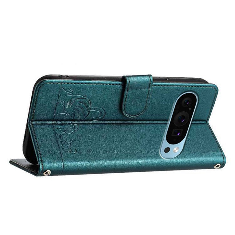 YB Imprinting Series-9 for Google Pixel 9 / 9 Pro Case PU Leather Cat Mouse Folio Phone Cover - Dark Green