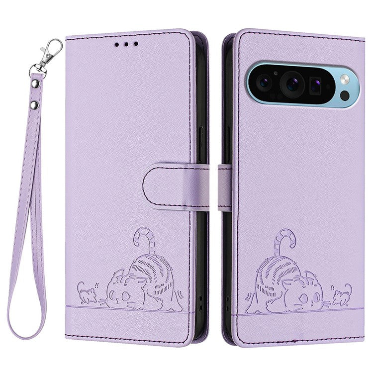 YB Imprinting Series-9 for Google Pixel 9 / 9 Pro Case PU Leather Cat Mouse Folio Phone Cover - Purple