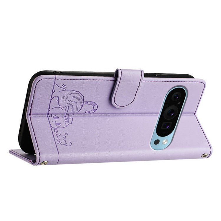 YB Imprinting Series-9 for Google Pixel 9 / 9 Pro Case PU Leather Cat Mouse Folio Phone Cover - Purple