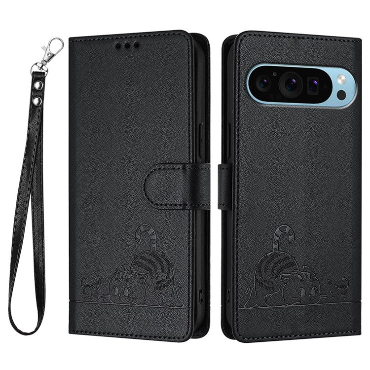 YB Imprinting Series-9 for Google Pixel 9 Pro / Pixel 9 Case Cat Mouse Wallet Leather Phone Cover - Black