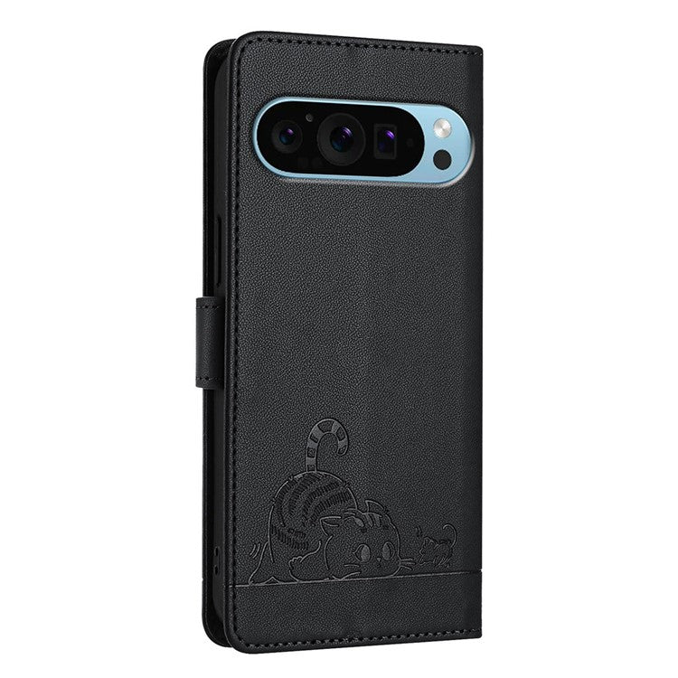 YB Imprinting Series-9 for Google Pixel 9 Pro / Pixel 9 Case Cat Mouse Wallet Leather Phone Cover - Black