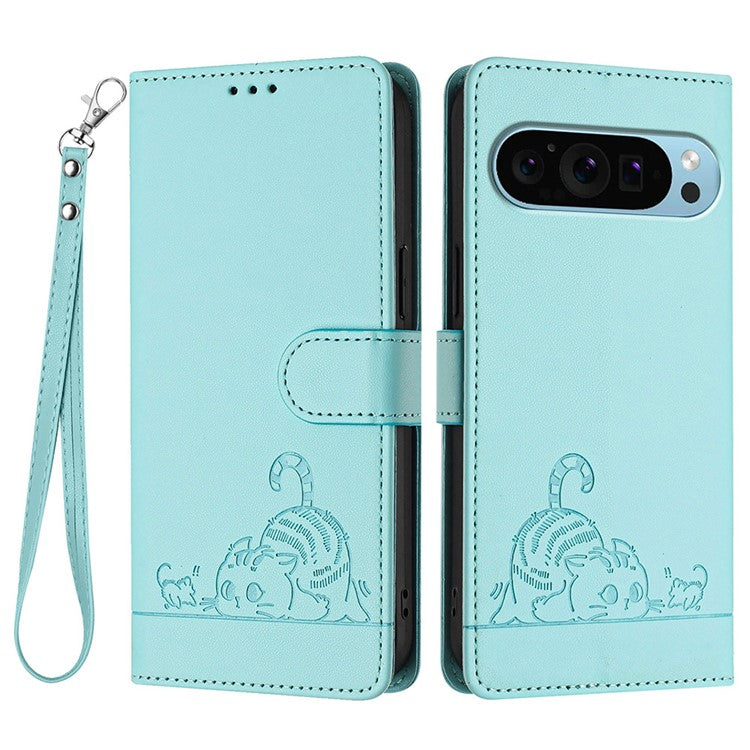 YB Imprinting Series-9 for Google Pixel 9 Pro / Pixel 9 Case Cat Mouse Wallet Leather Phone Cover - Mint Green