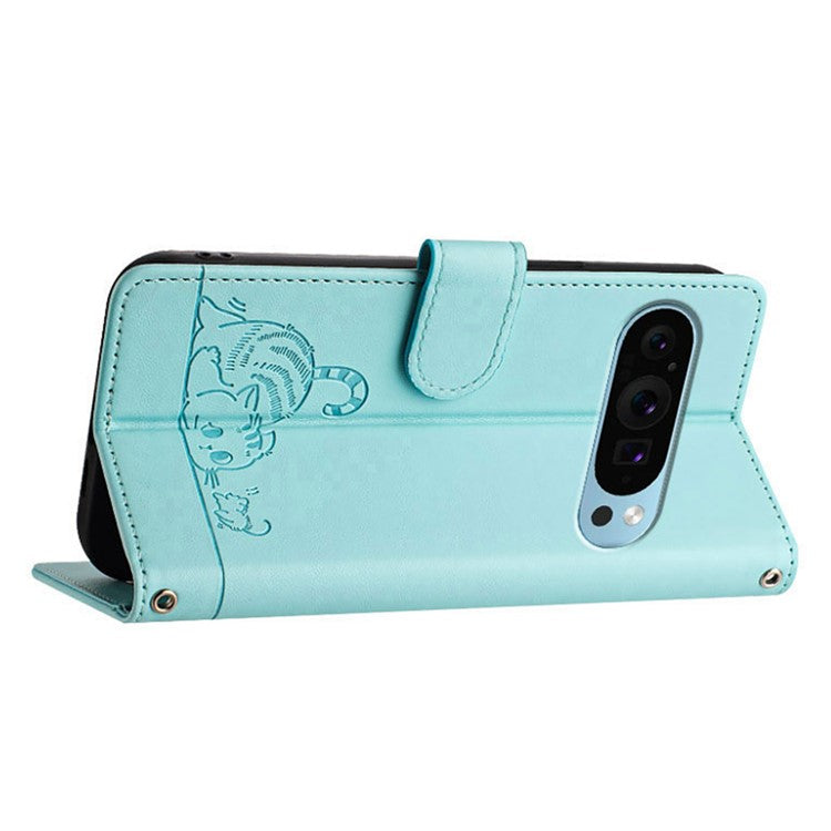 YB Imprinting Series-9 for Google Pixel 9 Pro / Pixel 9 Case Cat Mouse Wallet Leather Phone Cover - Mint Green