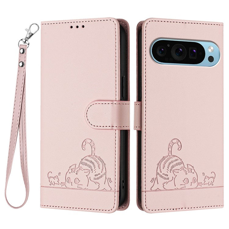 YB Imprinting Series-9 for Google Pixel 9 Pro / Pixel 9 Case Cat Mouse Wallet Leather Phone Cover - Pink