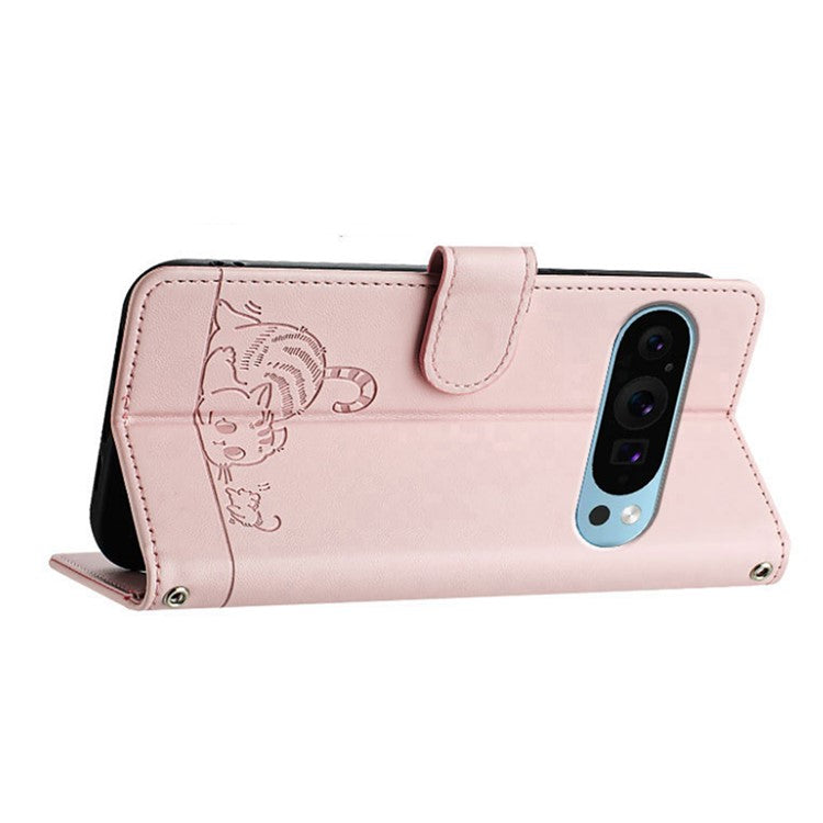 YB Imprinting Series-9 for Google Pixel 9 Pro / Pixel 9 Case Cat Mouse Wallet Leather Phone Cover - Pink