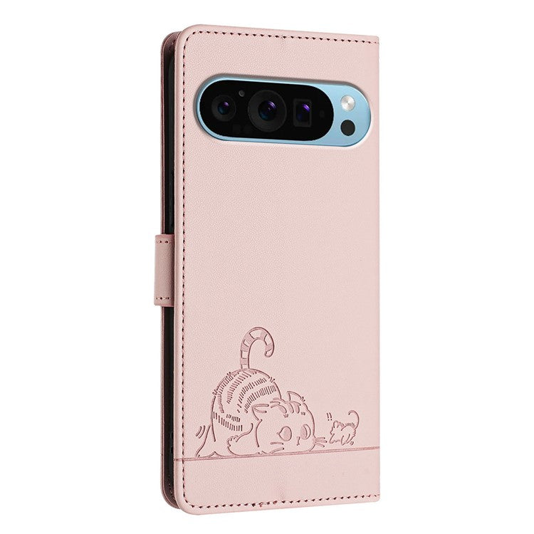 YB Imprinting Series-9 for Google Pixel 9 Pro / Pixel 9 Case Cat Mouse Wallet Leather Phone Cover - Pink