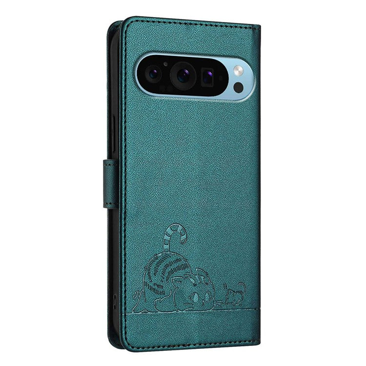 YB Imprinting Series-9 for Google Pixel 9 Pro / Pixel 9 Case Cat Mouse Wallet Leather Phone Cover - Dark Green