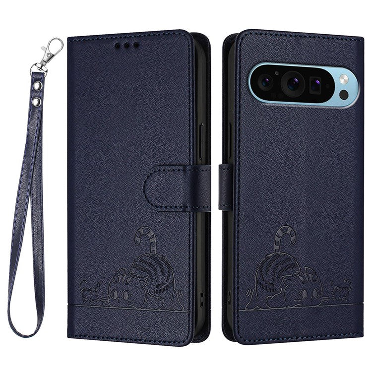 YB Imprinting Series-9 for Google Pixel 9 Pro / Pixel 9 Case Cat Mouse Wallet Leather Phone Cover - Sapphire