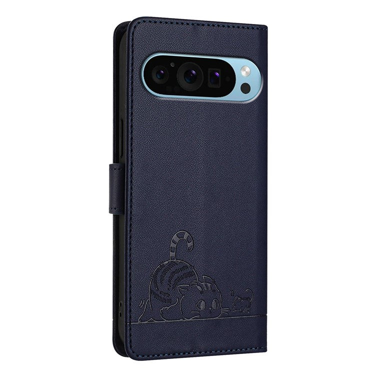 YB Imprinting Series-9 for Google Pixel 9 Pro / Pixel 9 Case Cat Mouse Wallet Leather Phone Cover - Sapphire