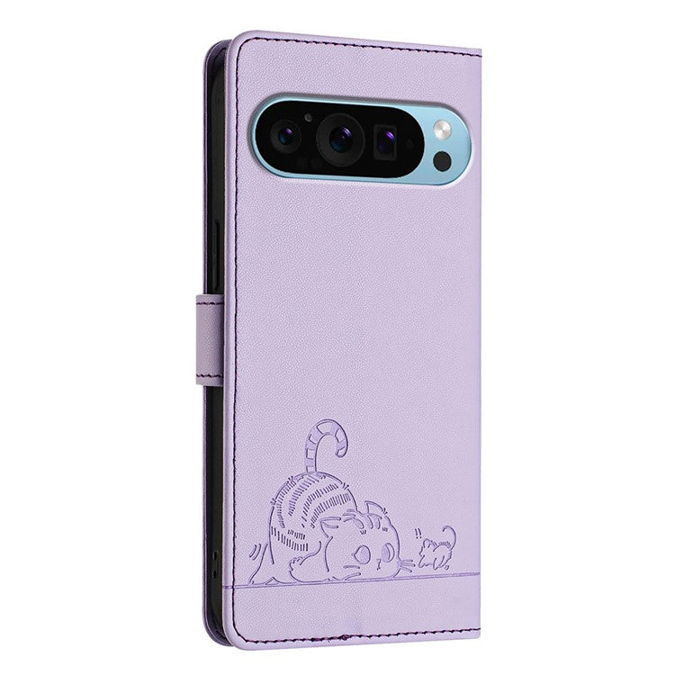 YB Imprinting Series-9 for Google Pixel 9 Pro Case Cat Mouse Wallet Leather Phone Cover - Purple