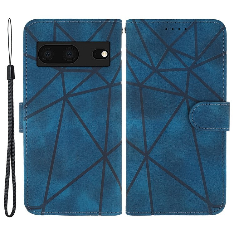 For Google Pixel 8 Case Imprinted Lines Skin-Friendly Flip Leather Phone Cover - Blue