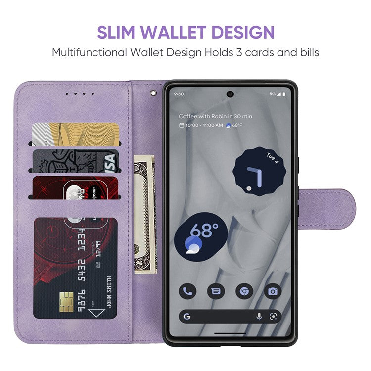 For Google Pixel 8 Case Imprinted Lines Skin-Friendly Flip Leather Phone Cover - Purple