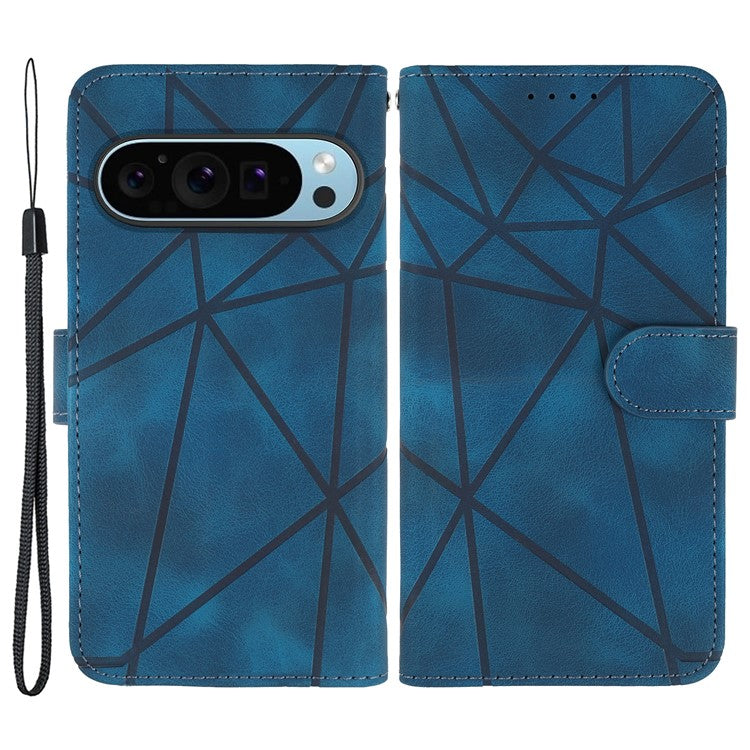 For Google Pixel 9 Pro / Pixel 9 Wholesale Phone Case Skin-Friendly Leather Stand Cover with Imprinted Lines - Blue