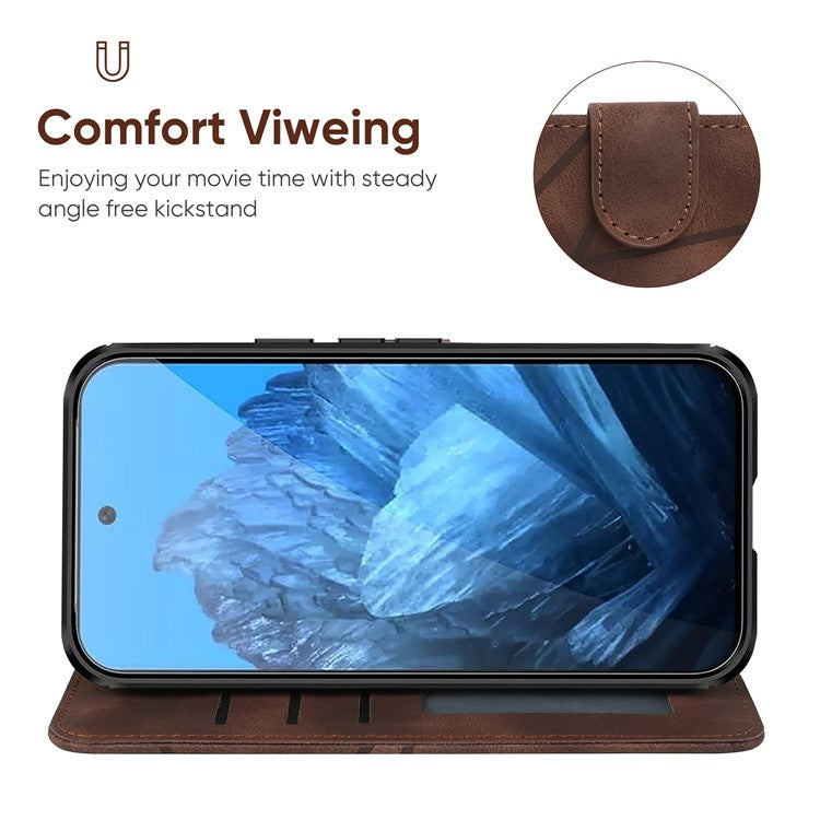 For Google Pixel 9 Pro / Pixel 9 Wholesale Phone Case Skin-Friendly Leather Stand Cover with Imprinted Lines - Brown