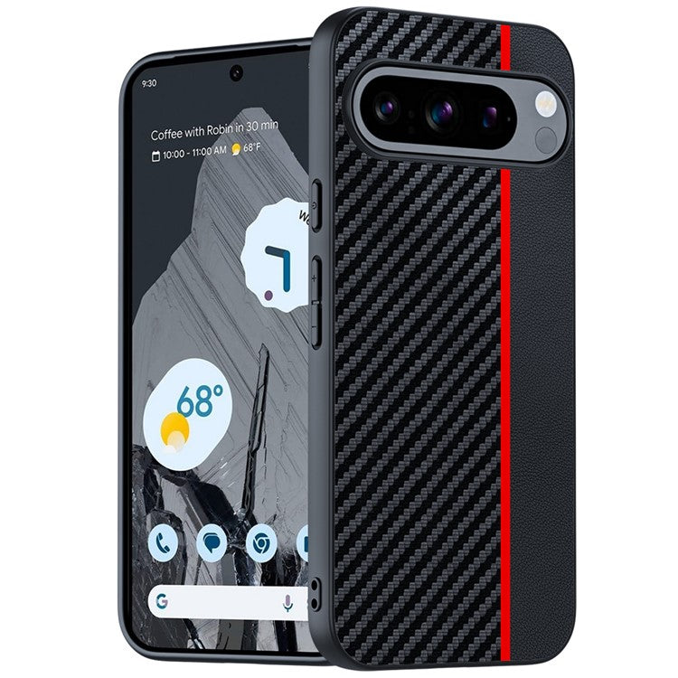 For Google Pixel 9 Pro / Pixel 9 Case Carbon Fiber Texture Thin PU Leather Back Cover - Black / Red