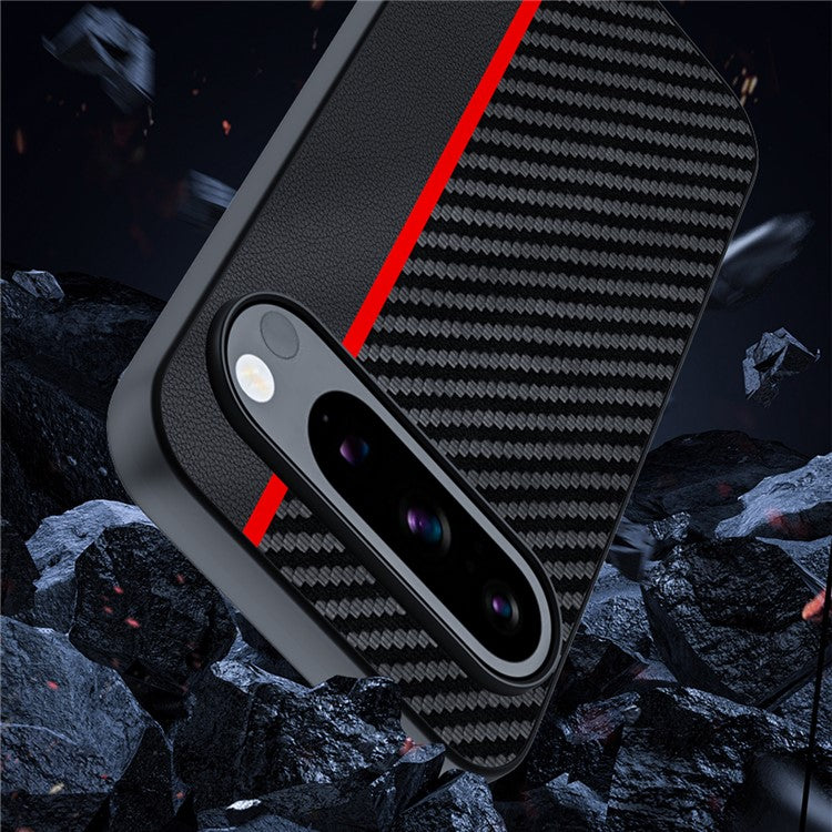 For Google Pixel 9 Pro / Pixel 9 Case Carbon Fiber Texture Thin PU Leather Back Cover - Black / Red