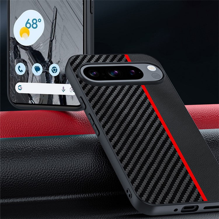 For Google Pixel 9 Pro / Pixel 9 Case Carbon Fiber Texture Thin PU Leather Back Cover - Black / Red