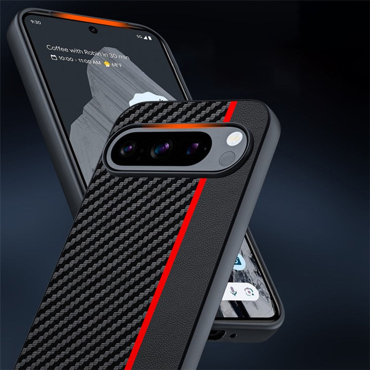 For Google Pixel 9 Pro / Pixel 9 Case Carbon Fiber Texture Thin PU Leather Back Cover - Black / Red