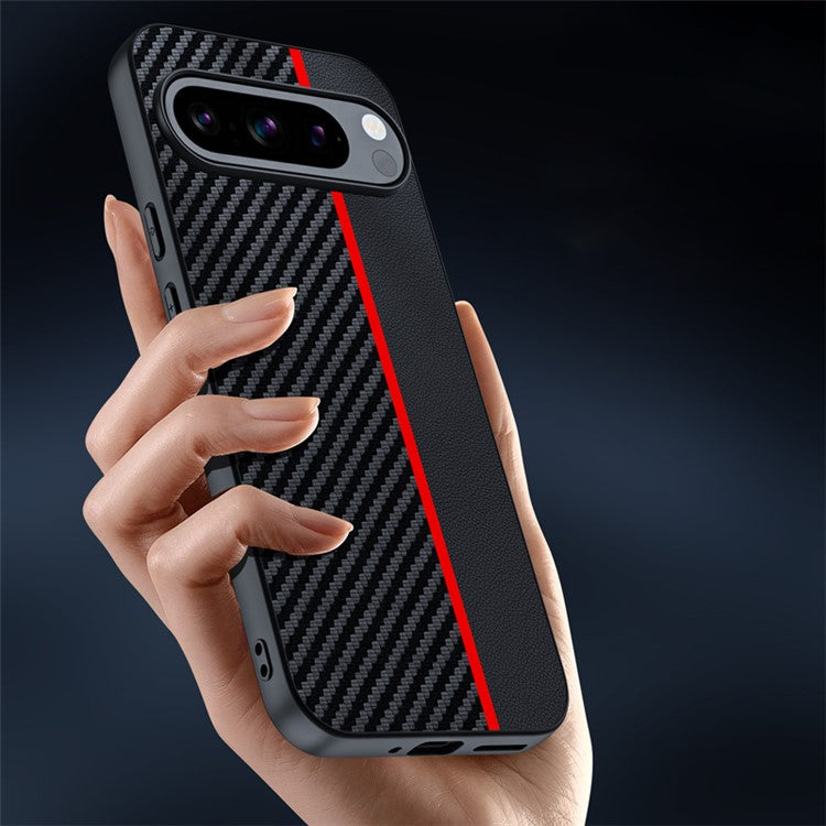 For Google Pixel 9 Pro / Pixel 9 Case Carbon Fiber Texture Thin PU Leather Back Cover - Black / Red