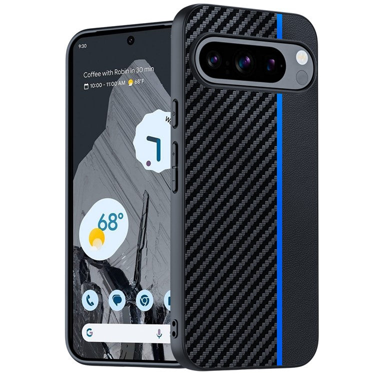 For Google Pixel 9 Pro / Pixel 9 Case Carbon Fiber Texture Thin PU Leather Back Cover - Black / Blue