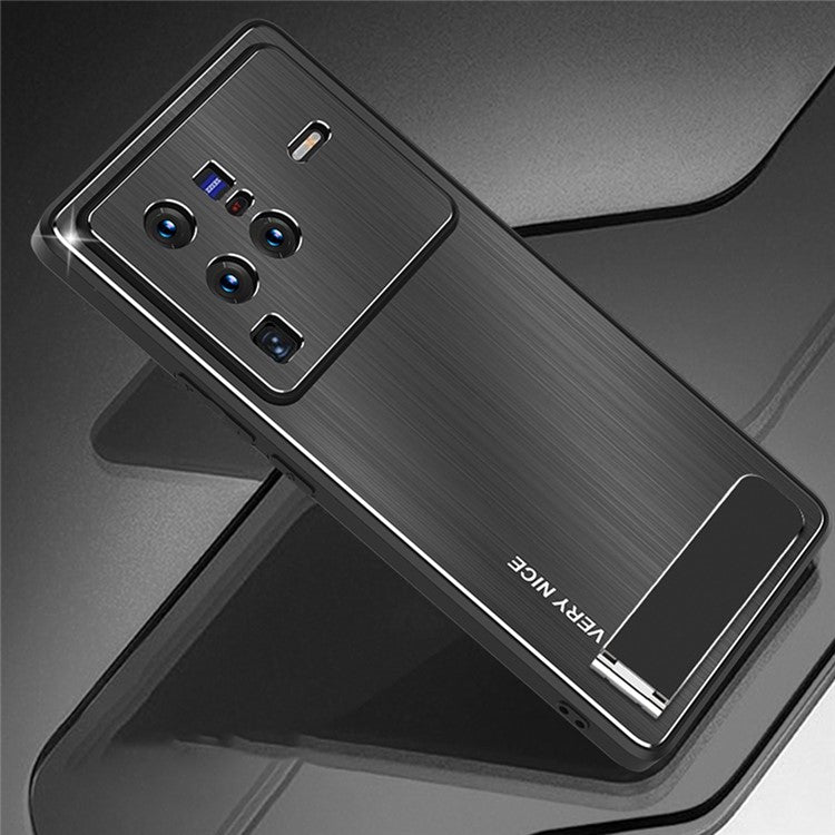 For vivo X80 Pro 5G Brushed Phone Case TPU + Aluminium Alloy Kickstand Anti-drop Back Cover - Black