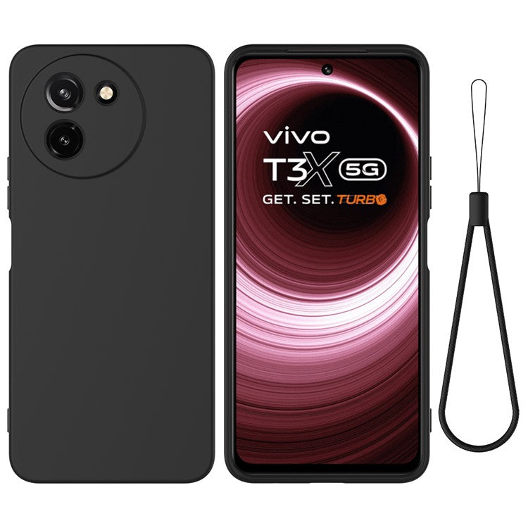 For vivo T3x / Y200i 5G Case Soft Liquid Silicone Anti-drop Phone Cover with Strap - Black