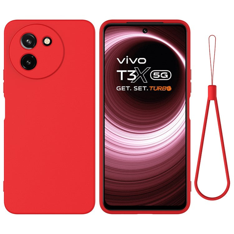 For vivo T3x / Y200i 5G Case Soft Liquid Silicone Anti-drop Phone Cover with Strap - Red