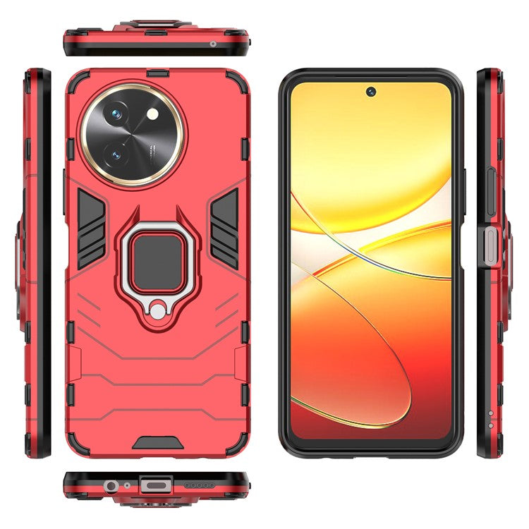 For vivo T3x Shockproof Case Ring Holder Kickstand PC+TPU Phone Cover - Red