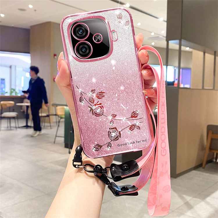 KADEM For vivo iQOO Z9 Turbo 5G Slim Case Flower Glitter Soft TPU Cover with Lanyard - Rose Gold