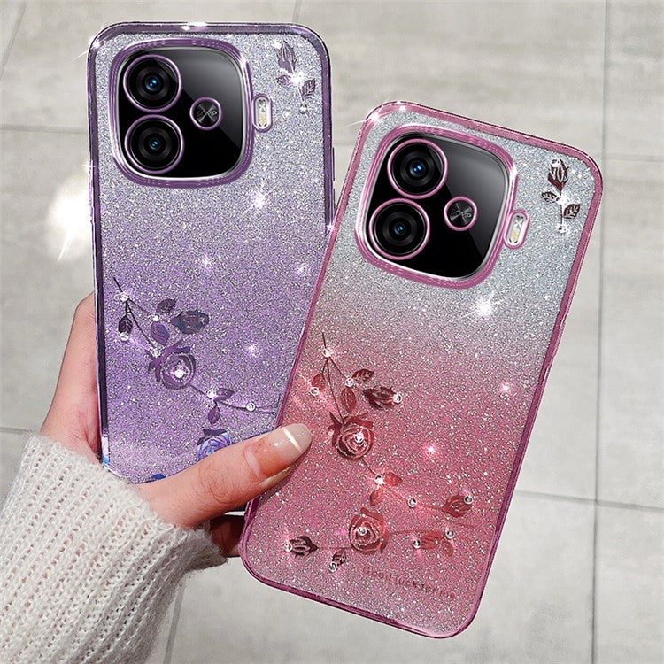 KADEM For vivo iQOO Z9 Turbo 5G Slim Case Flower Glitter Soft TPU Cover with Lanyard - Rose Gold