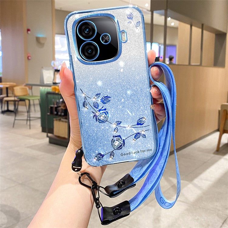 KADEM For vivo iQOO Z9 Turbo 5G Slim Case Flower Glitter Soft TPU Cover with Lanyard - Blue